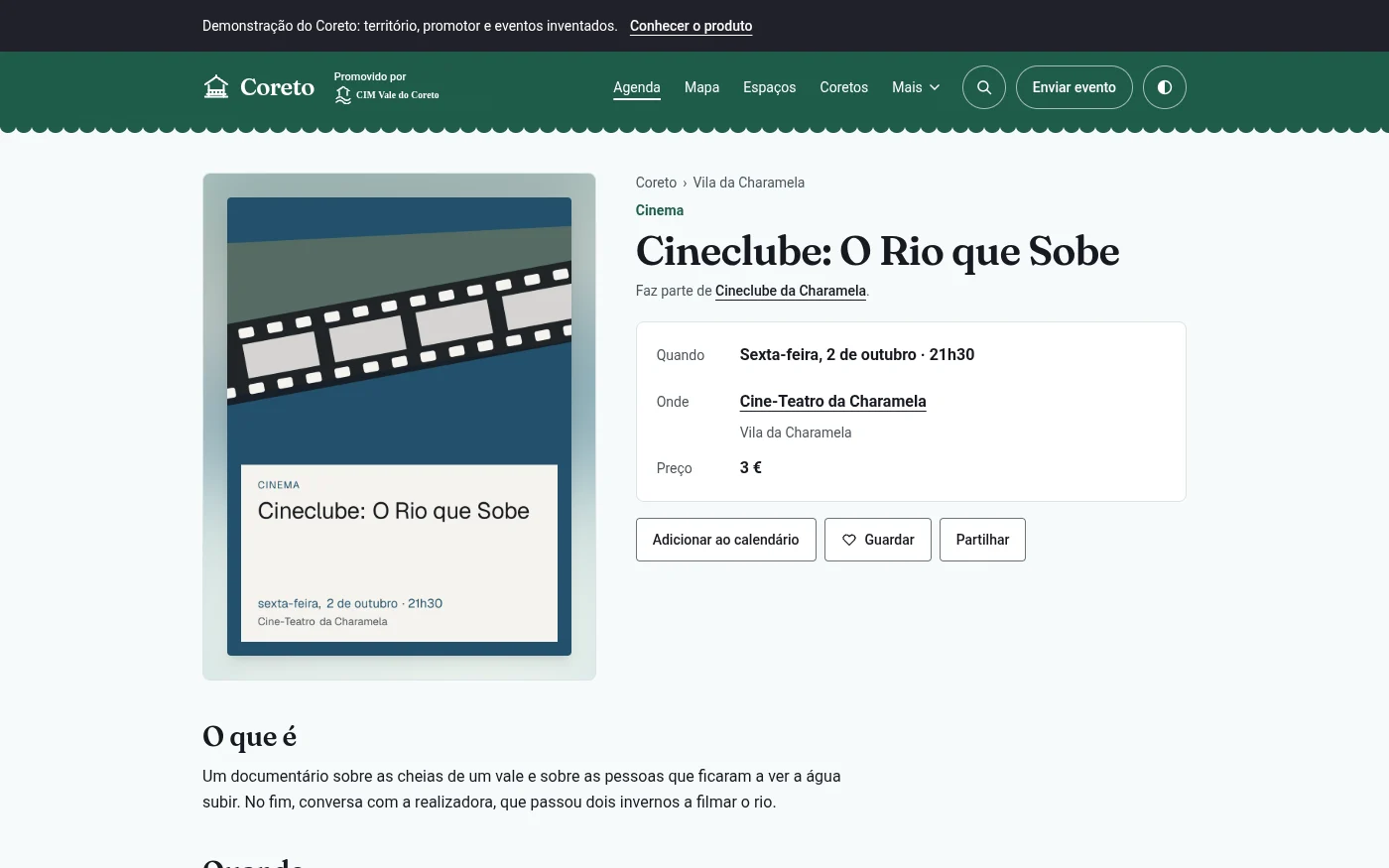 A ficha de um evento da demonstração, com o cartaz, a data, o espaço, o preço e as ligações para o calendário e para o mapa.